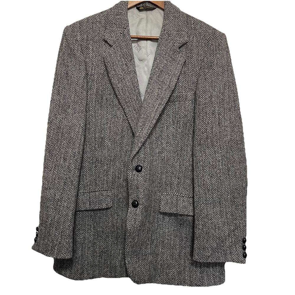Vintage Harris Tweed Sport Coat Mens Wool Grey Herringbone Blazer Handwoven